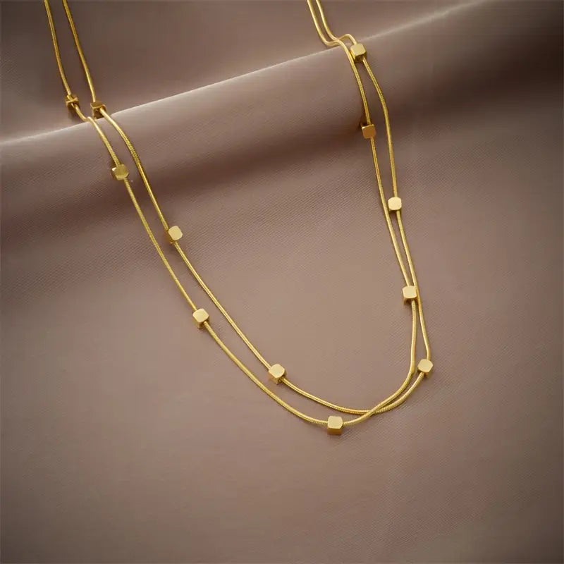 Double-Layer Square Pendant Necklace – Vintage Gold Plated Stainless Steel Jewelry