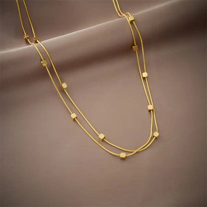 Double-Layer Square Pendant Necklace – Vintage Gold Plated Stainless Steel Jewelry