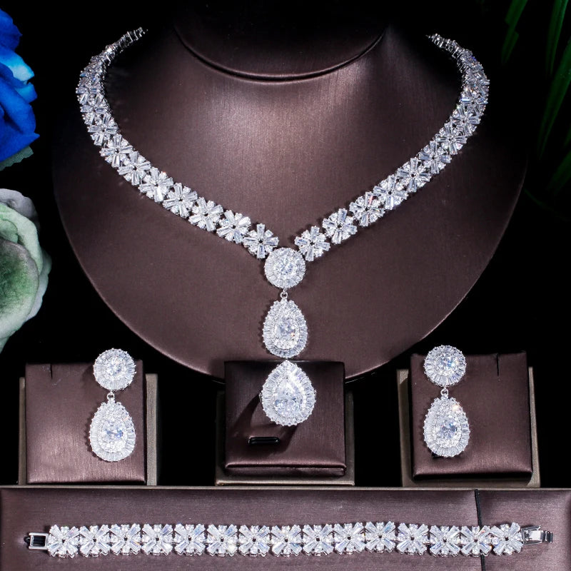 4 Piece Women Super Sparkling Heavy Cubic Zirconia Stone Luxury Nigerians Pakistani Bridal Wedding Dress Jewelry Set for Brides