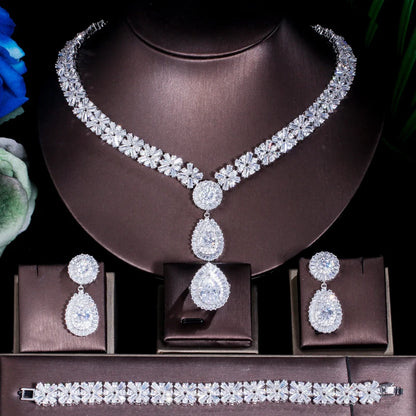 4 Piece Women Super Sparkling Heavy Cubic Zirconia Stone Luxury Nigerians Pakistani Bridal Wedding Dress Jewelry Set for Brides