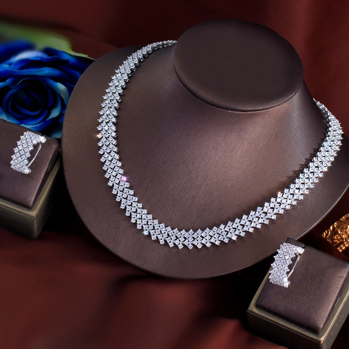 Sparking White Cubic Zircon CZ Silver Plated Hollow Wide Chunky Women Necklace Earring Nigeria Bridal Luxury Wedding Jewelry Set