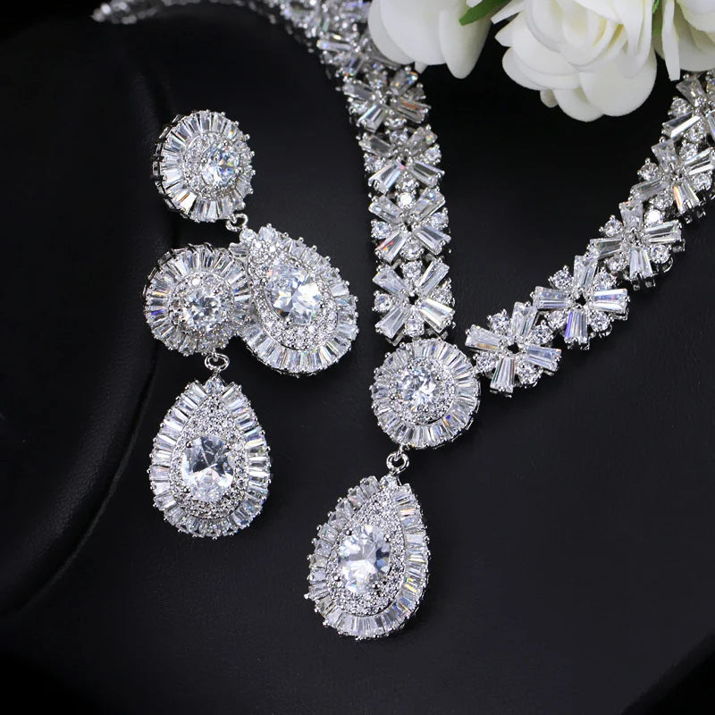 4 Piece Women Super Sparkling Heavy Cubic Zirconia Stone Luxury Nigerians Pakistani Bridal Wedding Dress Jewelry Set for Brides