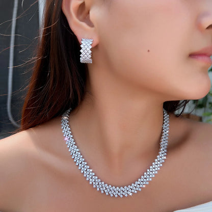 Sparking White Cubic Zircon CZ Silver Plated Hollow Wide Chunky Women Necklace Earring Nigeria Bridal Luxury Wedding Jewelry Set