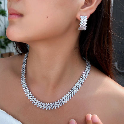 Sparking White Cubic Zircon CZ Silver Plated Hollow Wide Chunky Women Necklace Earring Nigeria Bridal Luxury Wedding Jewelry Set