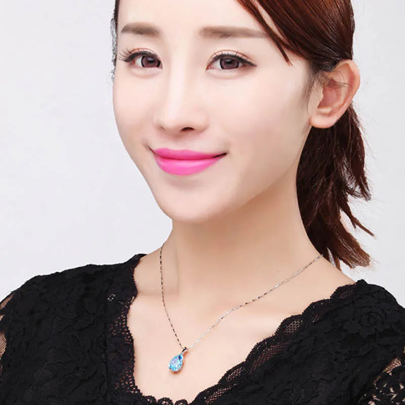 Cellacity Trendy Necklace for Women Silver 925 Jewelry Water Drop Shaped Aquamarine Pendant Neck Ornament Engagement Wholesale