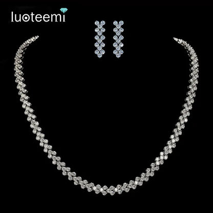 LUOTEEMI Tops Fashion Luxury Rome 3Rows 2.75mm a AA Cubic Zirconia Earring Necklace Bridal Jewelry Sets for Women