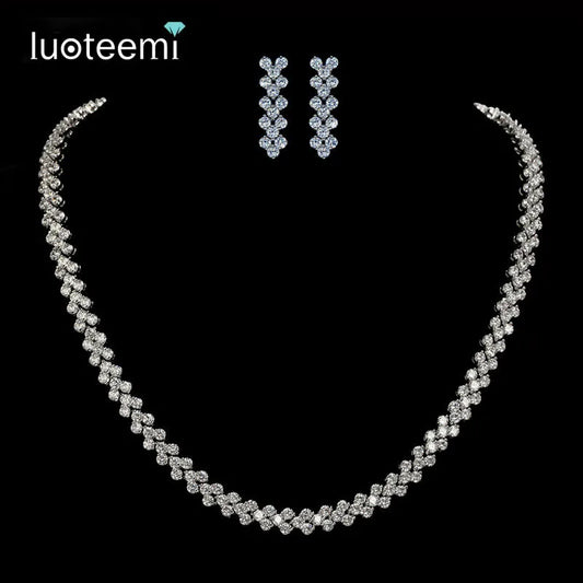 LUOTEEMI Tops Fashion Luxury Rome 3Rows 2.75mm a AA Cubic Zirconia Earring Necklace Bridal Jewelry Sets for Women