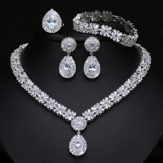 4 Piece Women Super Sparkling Heavy Cubic Zirconia Stone Luxury Nigerians Pakistani Bridal Wedding Dress Jewelry Set for Brides