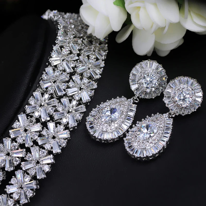4 Piece Women Super Sparkling Heavy Cubic Zirconia Stone Luxury Nigerians Pakistani Bridal Wedding Dress Jewelry Set for Brides