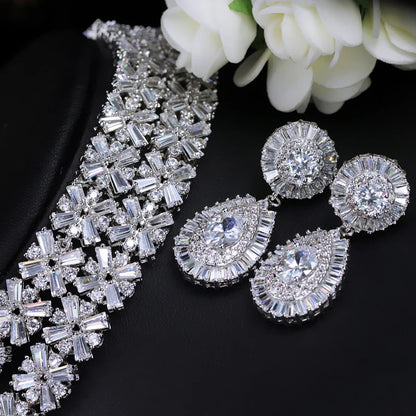 4 Piece Women Super Sparkling Heavy Cubic Zirconia Stone Luxury Nigerians Pakistani Bridal Wedding Dress Jewelry Set for Brides