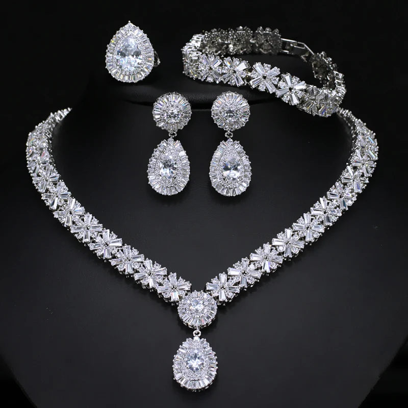 4 Piece Women Super Sparkling Heavy Cubic Zirconia Stone Luxury Nigerians Pakistani Bridal Wedding Dress Jewelry Set for Brides