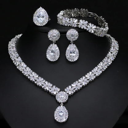 4 Piece Women Super Sparkling Heavy Cubic Zirconia Stone Luxury Nigerians Pakistani Bridal Wedding Dress Jewelry Set for Brides