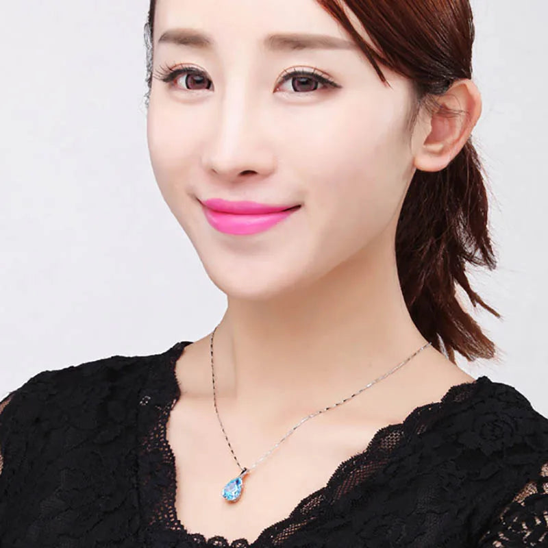Cellacity Trendy Necklace for Women Silver 925 Jewelry Water Drop Shaped Aquamarine Pendant Neck Ornament Engagement Wholesale