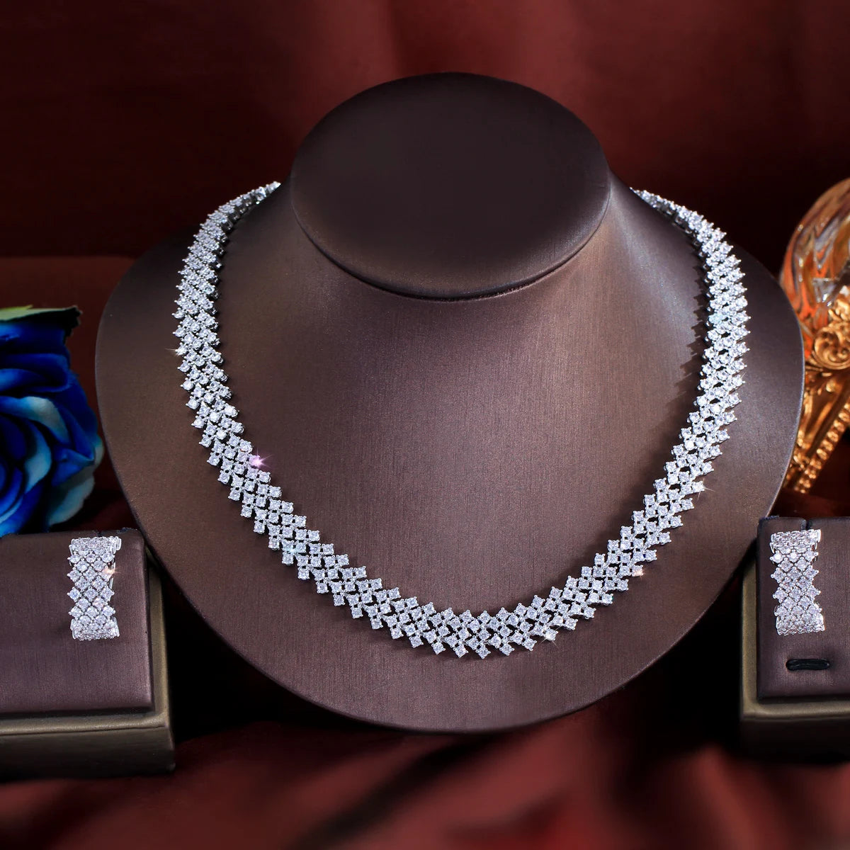 Sparking White Cubic Zircon CZ Silver Plated Hollow Wide Chunky Women Necklace Earring Nigeria Bridal Luxury Wedding Jewelry Set