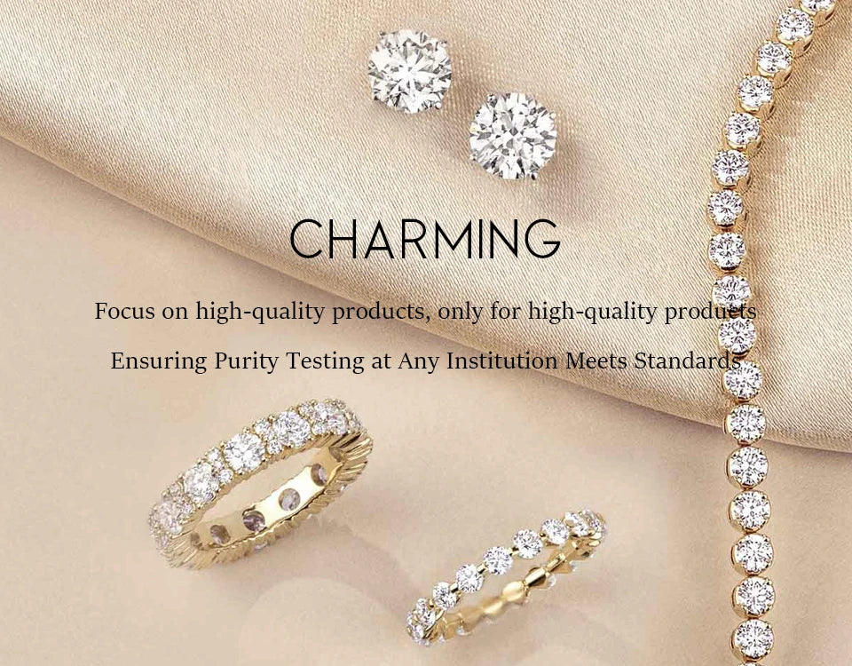Diamond jewelry including earrings, rings, and a bracelet on a beige fabric background with text about product quality.