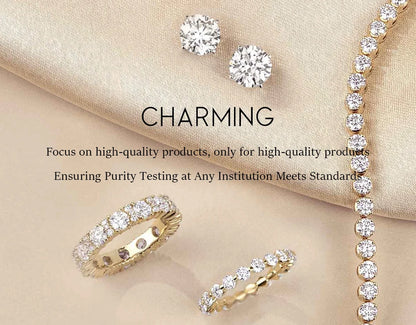 Diamond jewelry including earrings, rings, and a bracelet on a beige fabric background with text about product quality.
