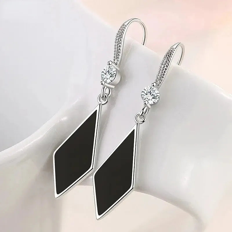 Silver Needle Black Rhombus Dangler Zircon Drop Earrings For Women