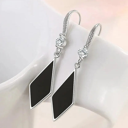 Silver Needle Black Rhombus Dangler Zircon Drop Earrings For Women