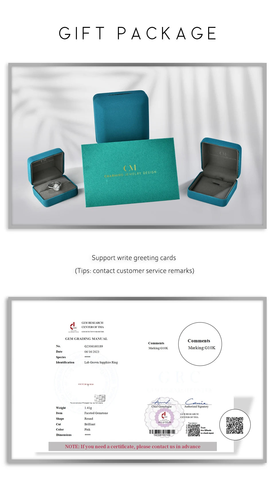 Teal gift package with jewelry and a card, accompanied by a business card template.