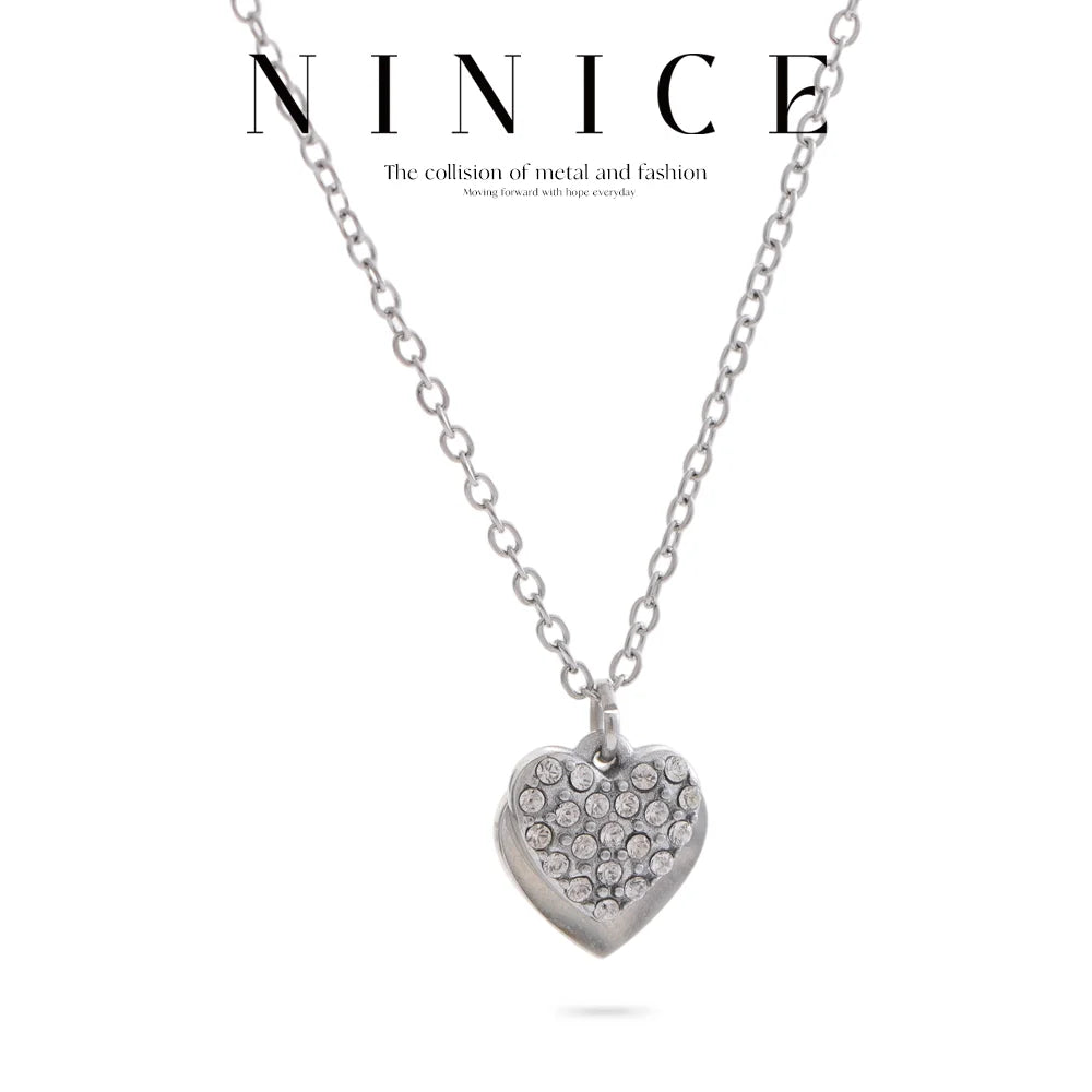 NiNice Necklaces for Women 316L Stainless Steel Original Double Layered Heart-Shaped Cubic Zirconia Pendant Romantic Engagement