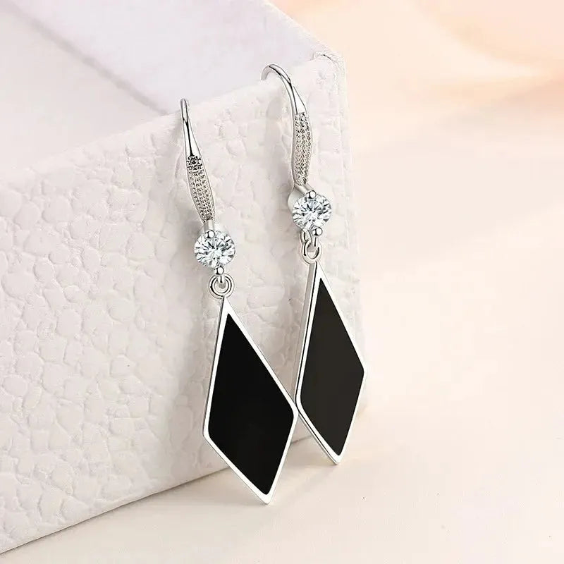 Silver Needle Black Rhombus Dangler Zircon Drop Earrings For Women