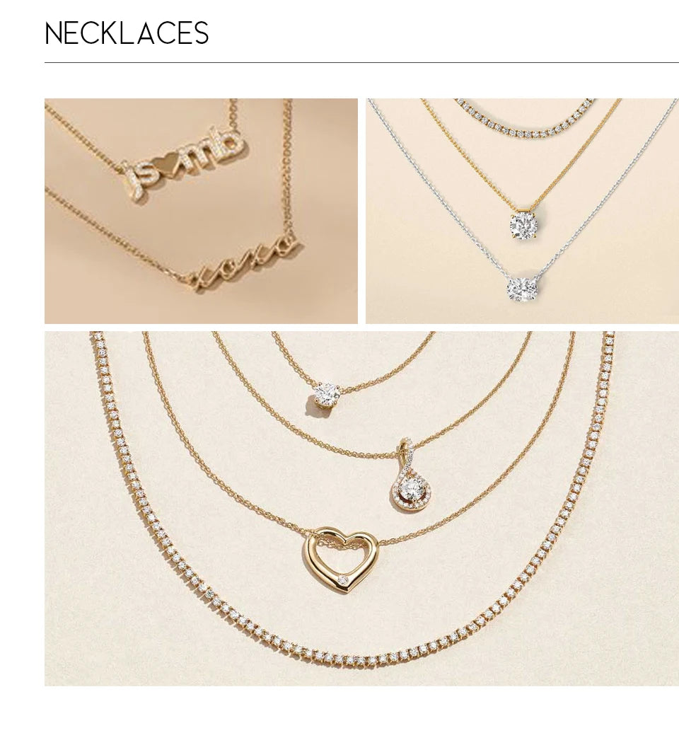 Collection of necklaces displayed on a beige background with 'NECKLACES' text at the top.