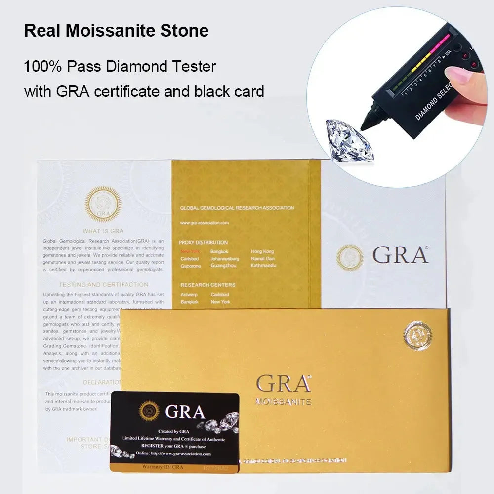 Image showing a GRA certificate and black card for a real moissanite stone. The text reads "Real Moissanite Stone, 100% Pass Diamond Tester with GRA certificate and black card." A diamond tester is shown indicating the stone's authenticity.