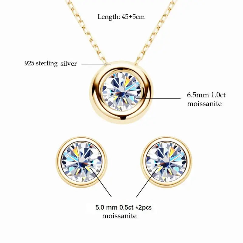 IOGOU Real 3ctw. D Color Moissanite Jewelry Set 925 Silver 18k Gold Plated Pendant Necklace Stud Earrings Set for Women Men Gift