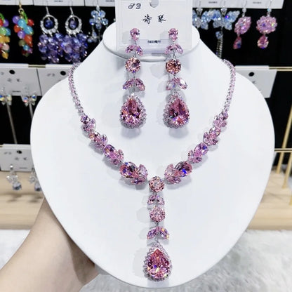 Trendy Heart Pendant Necklace Earrings For Women Engagement Fashion Jewelry Set Bridal Wedding Chokers Party Accessories Gifts