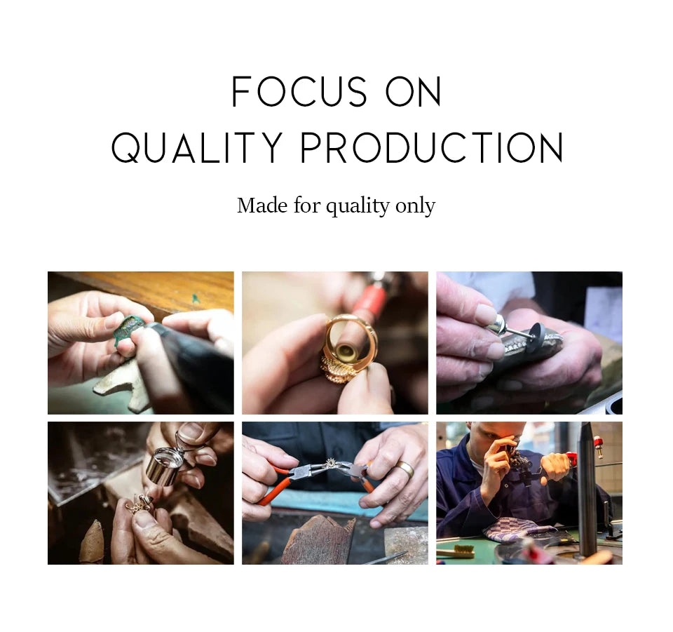 Collage of hands working with tools and jewelry, with text 'Focus on Quality Production' and 'Made for quality only'.