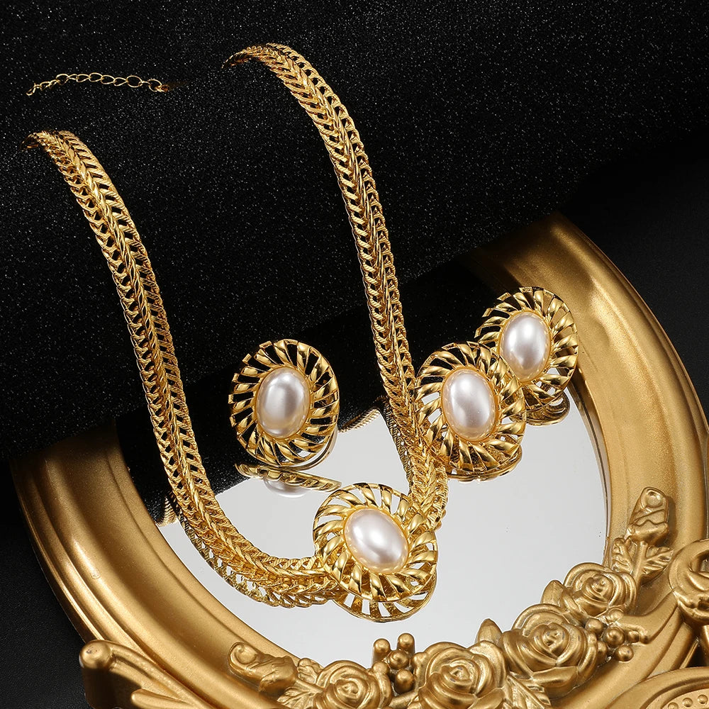 Elegant Princess Wedding Engagement Necklace Earrings ring Jewelry Sets Stainless Steel Pearl Thick Chain Necklace Gifts