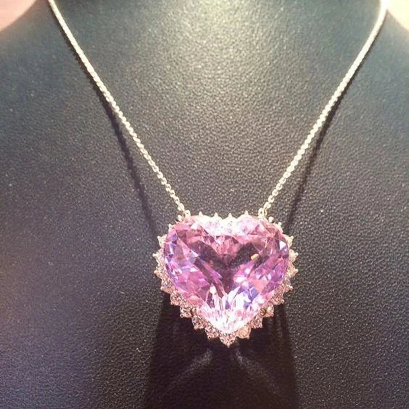 New Romantic Princess Pink Heart CZ Pendant Necklace for Wedding Engagement Fashion Women  Party Jewelry Love Gift