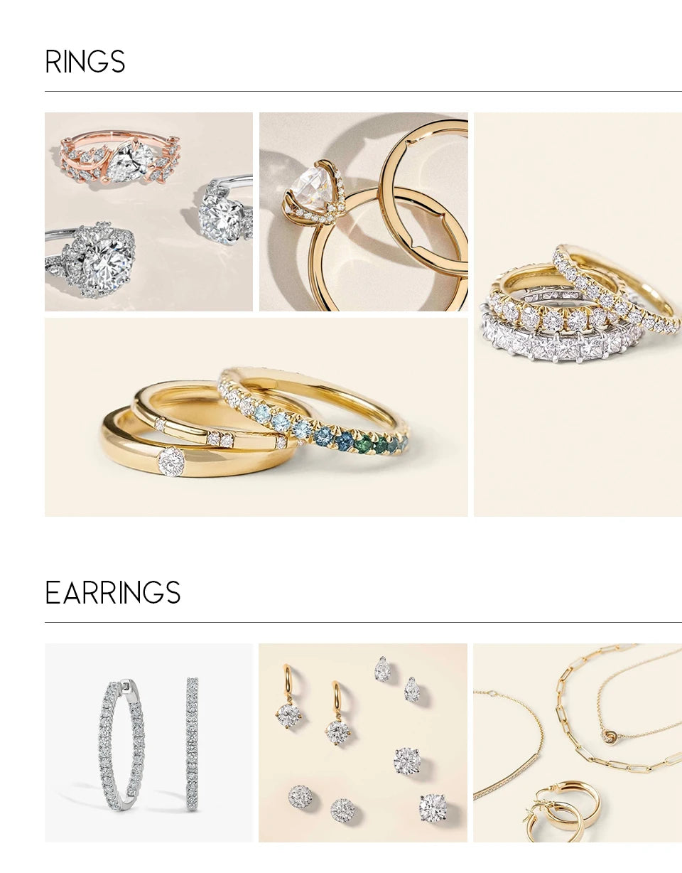 Collection of rings and earrings on a beige background