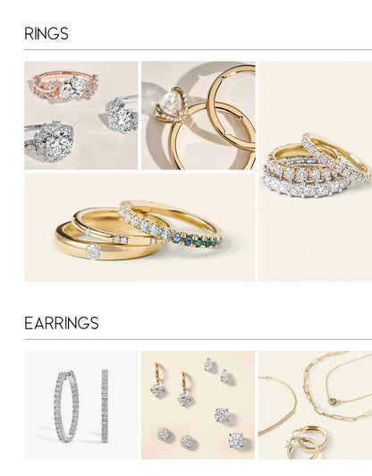 Collection of rings and earrings on a beige background