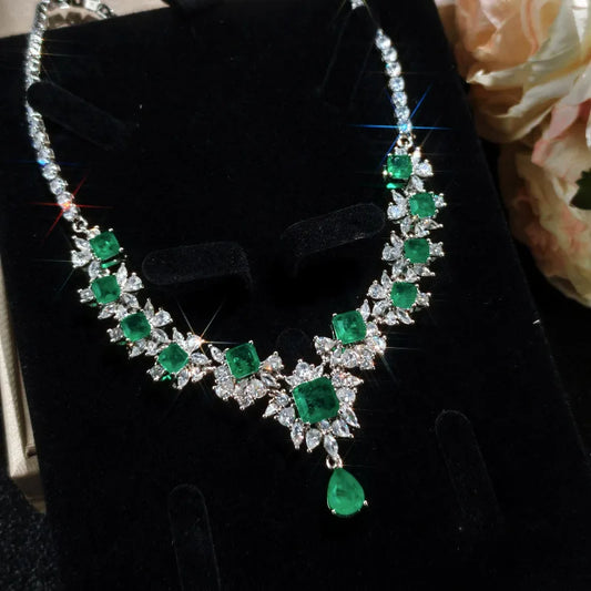 Vintage Lab Emerald Diamond Necklace 925 Sterling Silver Engagement Wedding Chocker Necklace for Women Bridal Jewelry Gift