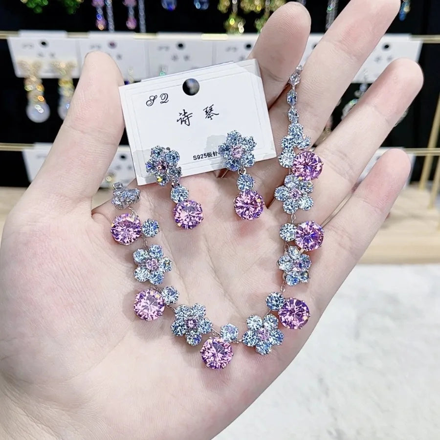 Trendy Heart Pendant Necklace Earrings For Women Engagement Fashion Jewelry Set Bridal Wedding Chokers Party Accessories Gifts