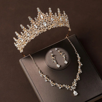 Bridal Wedding Jewelry 4-piece Set, Alloy Crystal Crown&Crystal Necklace&Earrings Women's Classic Wedding Tiaras