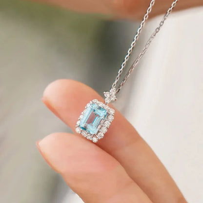 2025 New Square Light Blue Zircon Necklace Women's Engagement Wedding Accessories Brilliant Pendant  Fashion Jewelry