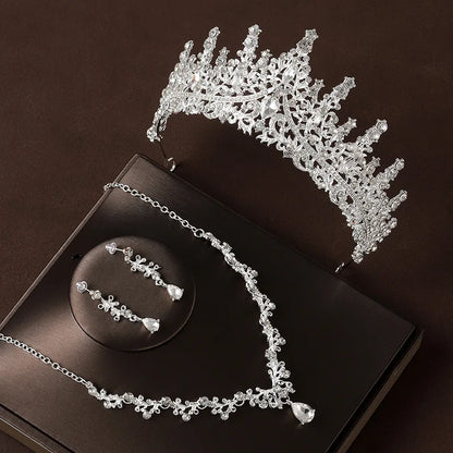 Bridal Wedding Jewelry 4-piece Set, Alloy Crystal Crown&Crystal Necklace&Earrings Women's Classic Wedding Tiaras