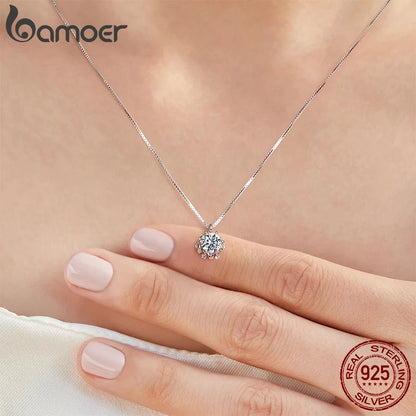 BAMOER 0.5CT Flower Buds Moissanite Necklace, 925 Sterling Silver Halo Pendant Necklace with Box Chain for Women Romantic Gift