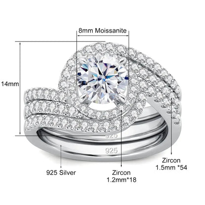 Three-piece 925 silver ring set with an 8mm moissanite center stone and numerous zircon accents.