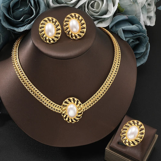 Elegant Princess Wedding Engagement Necklace Earrings ring Jewelry Sets Stainless Steel Pearl Thick Chain Necklace Gifts