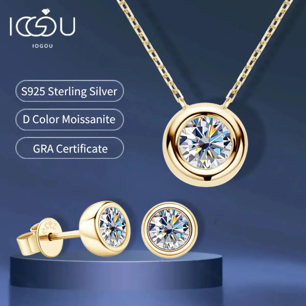 IOGOU Real 3ctw. D Color Moissanite Jewelry Set 925 Silver 18k Gold Plated Pendant Necklace Stud Earrings Set for Women Men Gift.