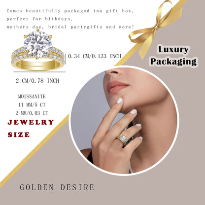 5.75CTW Moissanite Engagement Ring Set 2pcs, Round Cut, 925 Sterling Silver 18K Gold Plated, Classic Wedding Bridal Jewelry Gift