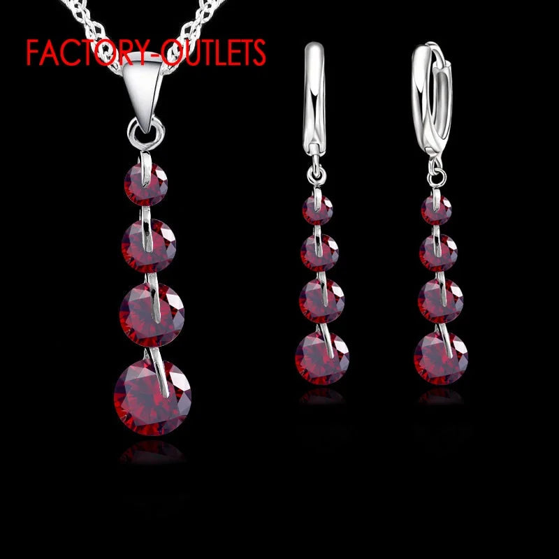 925 Sterling Silver Pendant Necklace Hoop Earrings Set Fashion Jewelry Round CZ Crystal Women Girls Engagement Anniversary