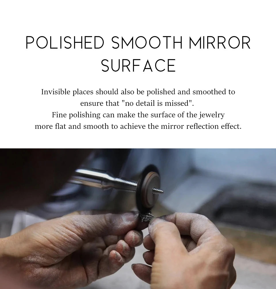 Person polishing jewelry with text about polished smooth mirror surface