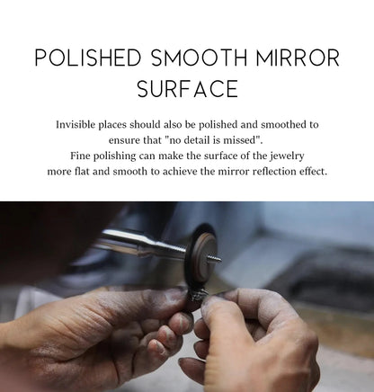 Person polishing jewelry with text about polished smooth mirror surface
