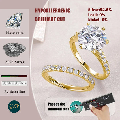 5.75CTW Moissanite Engagement Ring Set 2pcs, Round Cut, 925 Sterling Silver 18K Gold Plated, Classic Wedding Bridal Jewelry Gift