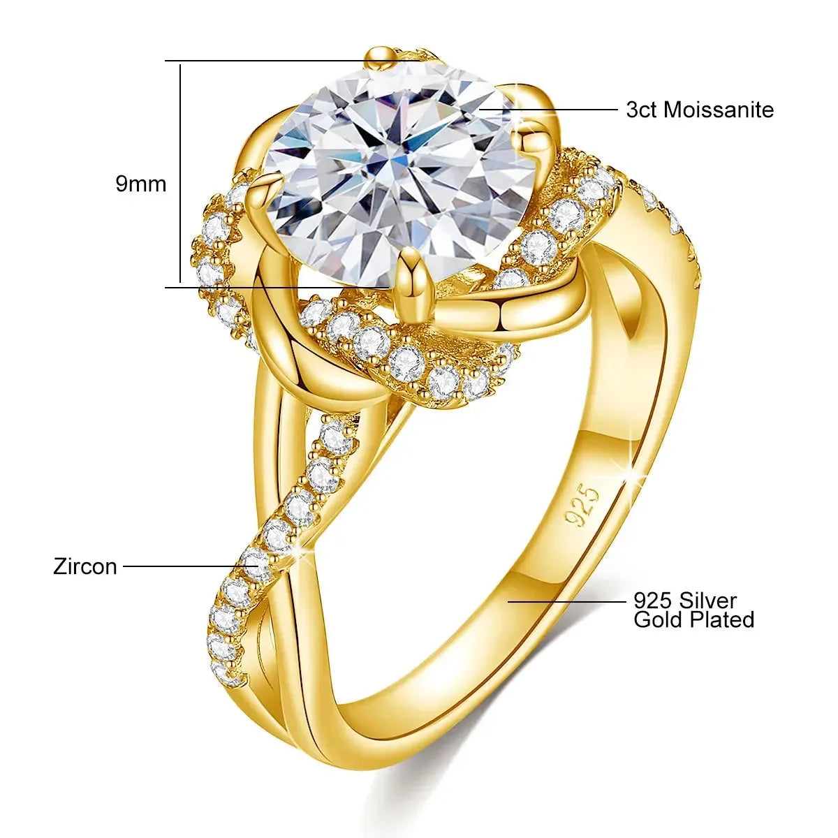 A gold-plated ring featuring a large 3-carat moissanite stone, measuring 9mm in diameter, set in the center. The band is adorned with smaller zircon stones and is made of 925 silver with a gold plating.