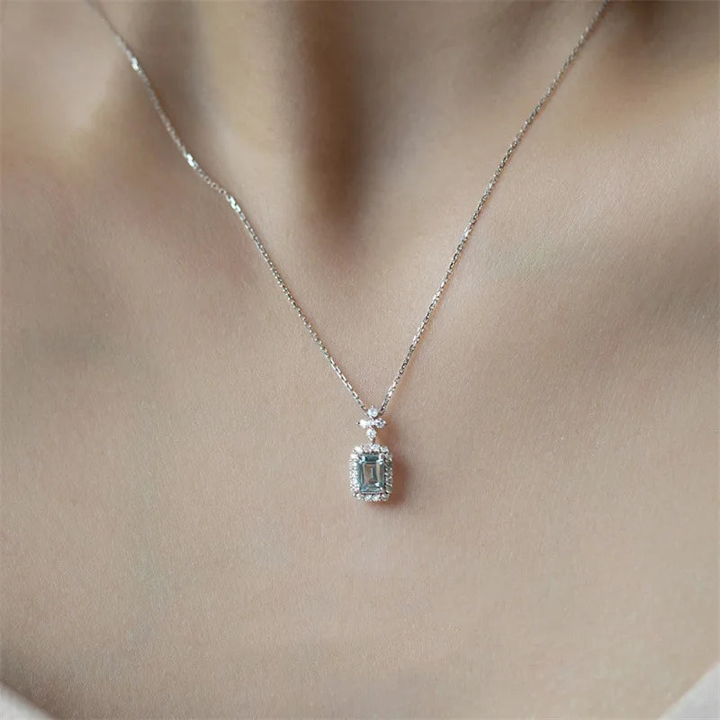 2025 New Square Light Blue Zircon Necklace Women's Engagement Wedding Accessories Brilliant Pendant  Fashion Jewelry